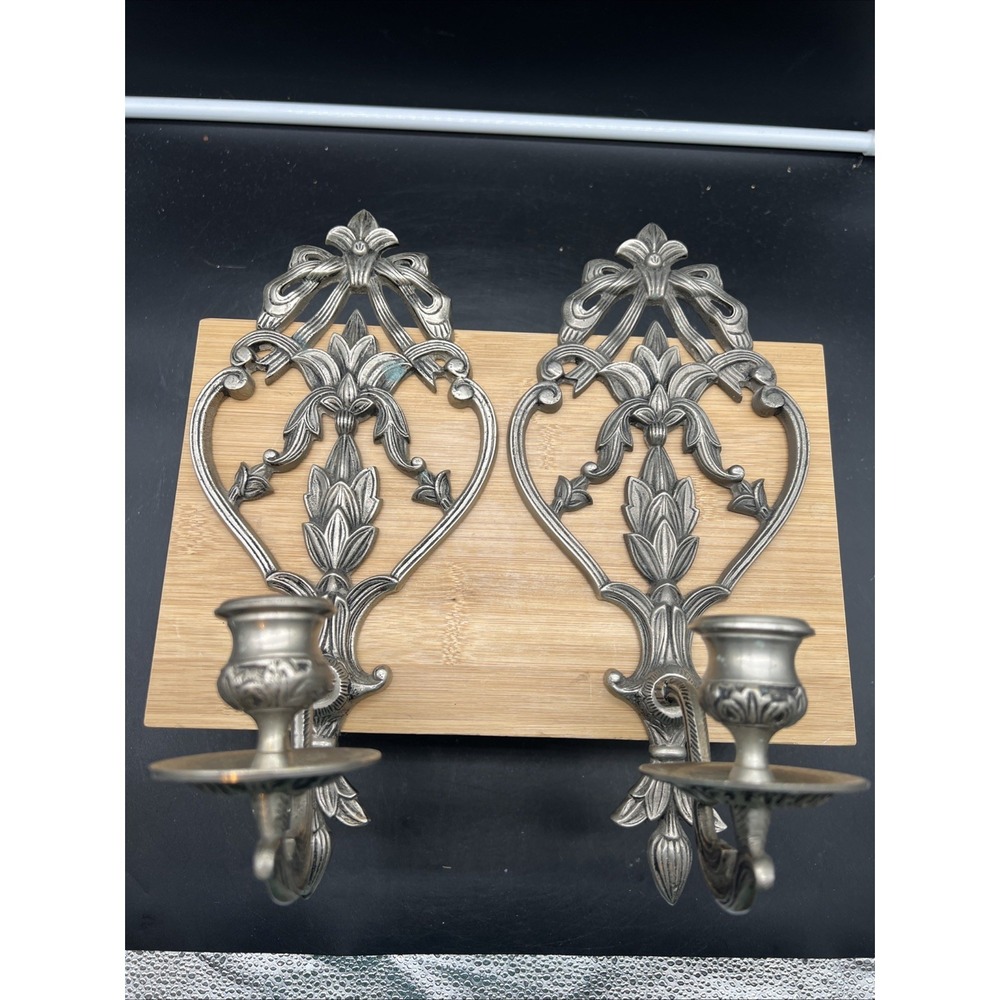 Pair Of Vintage Ornate Silver-Tone Cast Metal/ Brass Candle Wall Sconces Floral